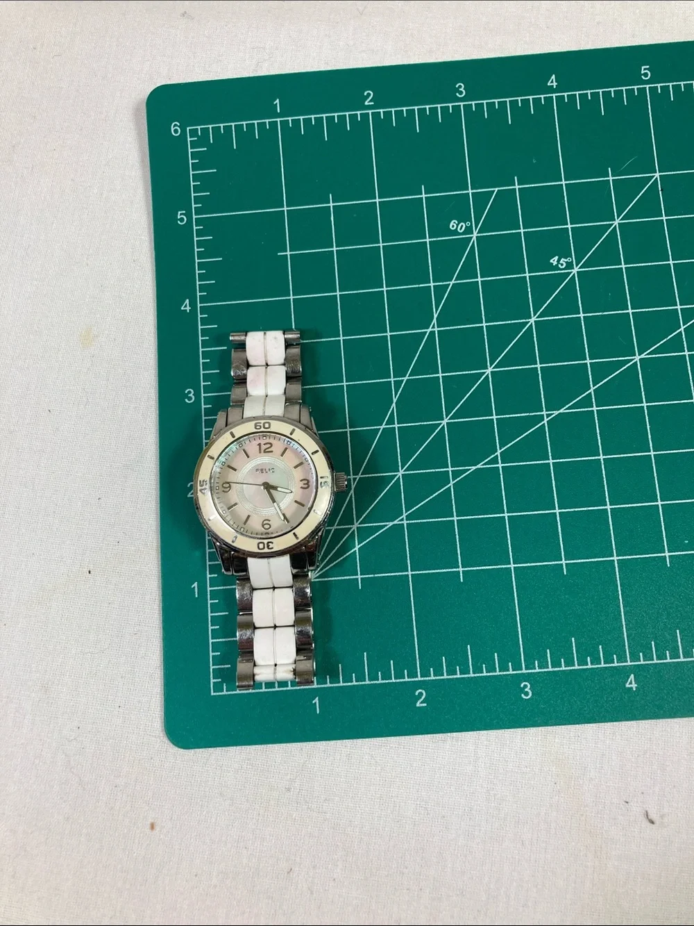 Relic Women's Silver and White Ceramic-Link Watch with Mother-of-Pearl Dial